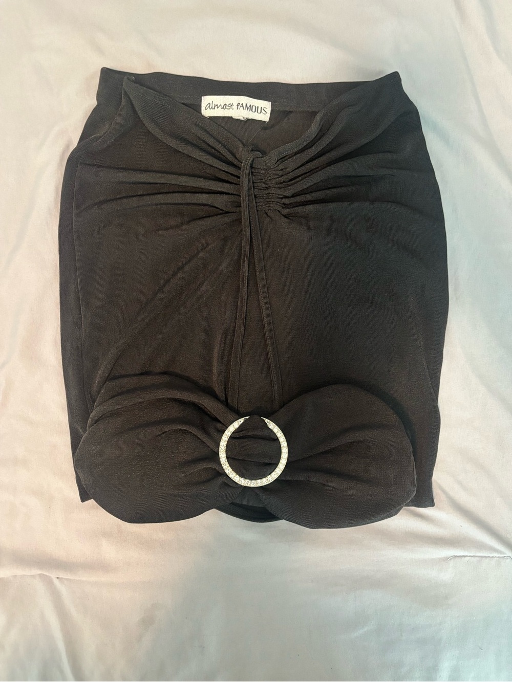 Almost Famous Black Ruched Mini Skirt with Rhinestone Ring